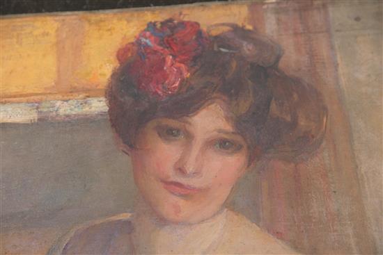Albert de Belleroche (1864-1944) Portrait of a young lady with flowers in her hair 32 x 26in.
